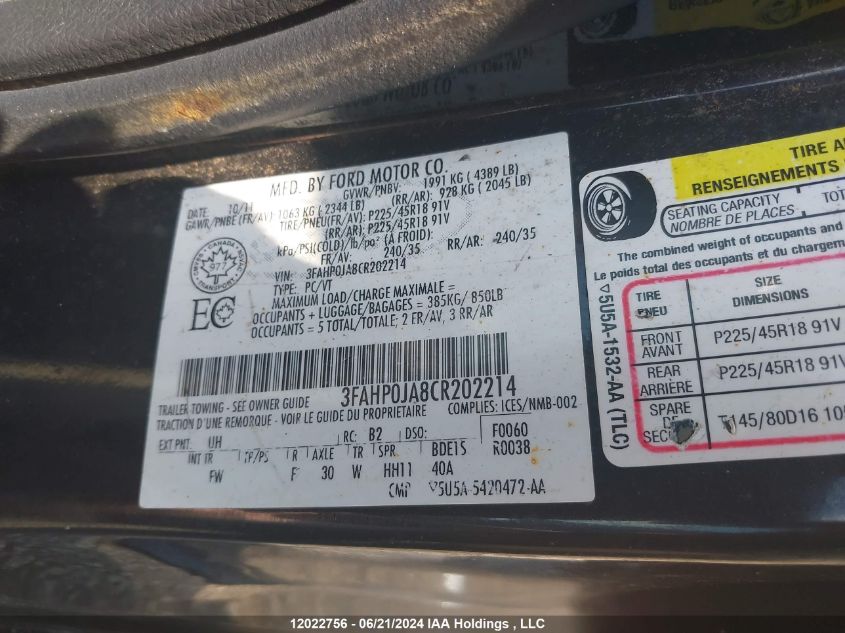 2012 Ford Fusion Sel VIN: 3FAHP0JA8CR202214 Lot: 12022756