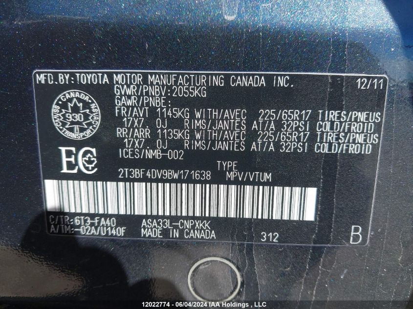 2011 Toyota Rav4 VIN: 2T3BF4DV9BW171638 Lot: 12022774