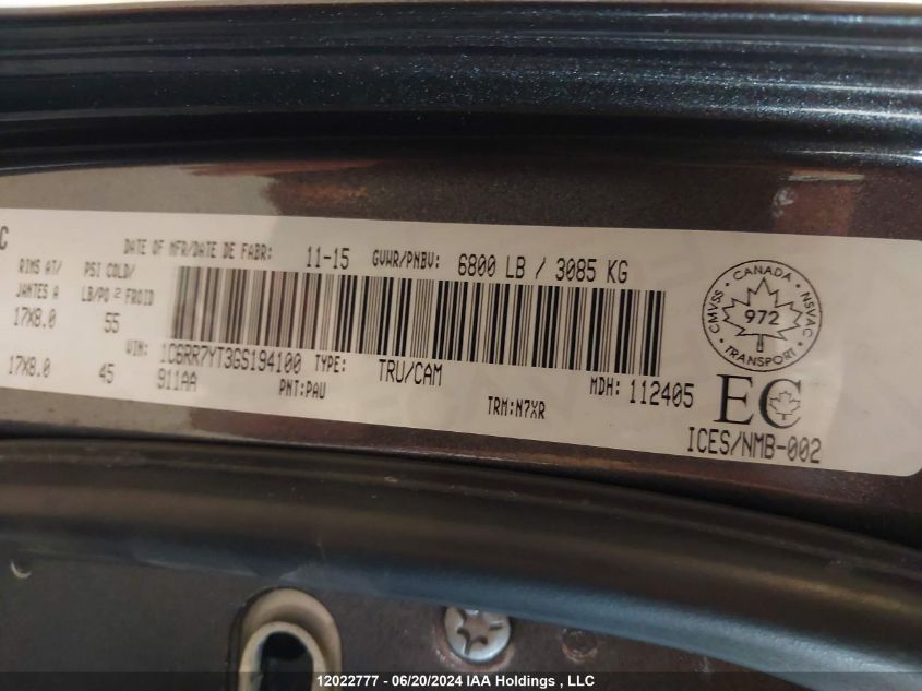 2016 Ram 1500 Rebel VIN: 1C6RR7YT3GS194100 Lot: 12022777