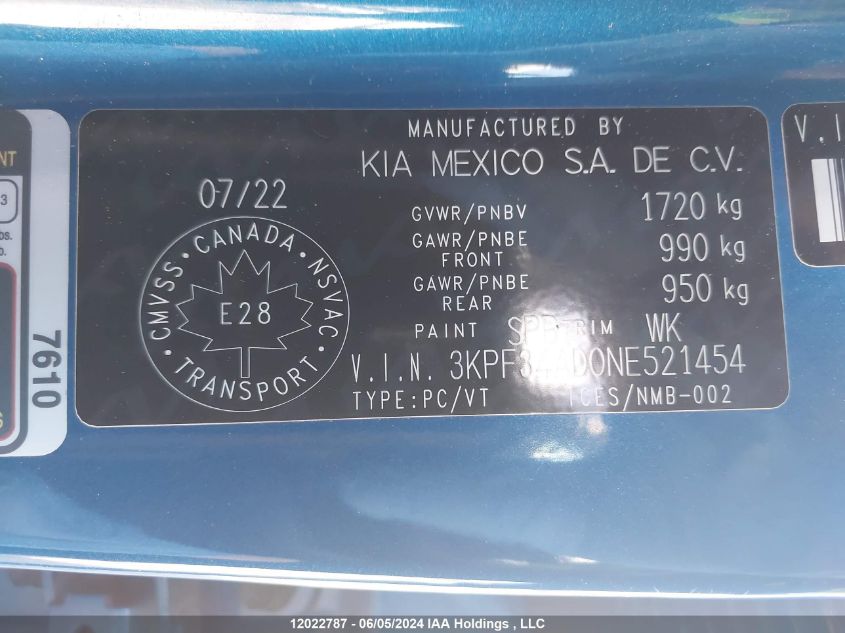 2022 Kia Forte VIN: 3KPF34AD0NE521454 Lot: 12022787