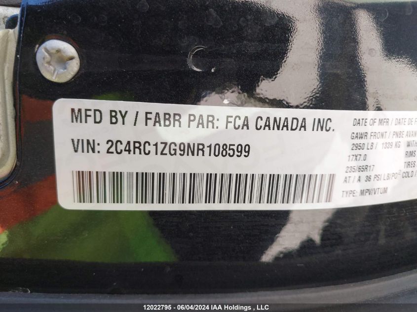 2022 Chrysler Grand Caravan Sxt VIN: 2C4RC1ZG9NR108599 Lot: 12022795