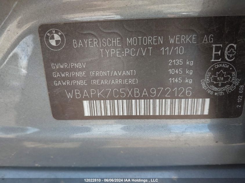 2011 BMW 3 Series 328I xDrive VIN: WBAPK7C5XBA972126 Lot: 12022810