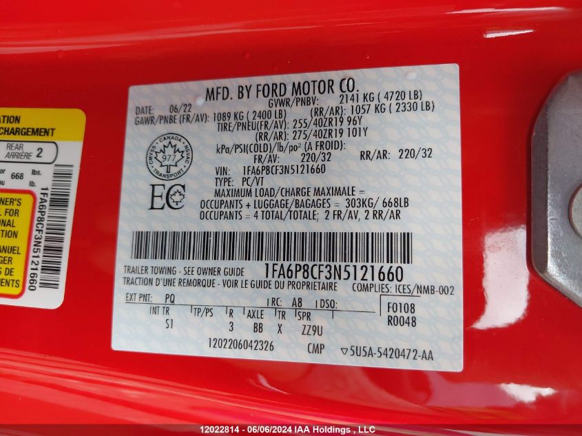 2022 Ford Mustang Gt Premium VIN: 1FA6P8CF3N5121660 Lot: 12022814