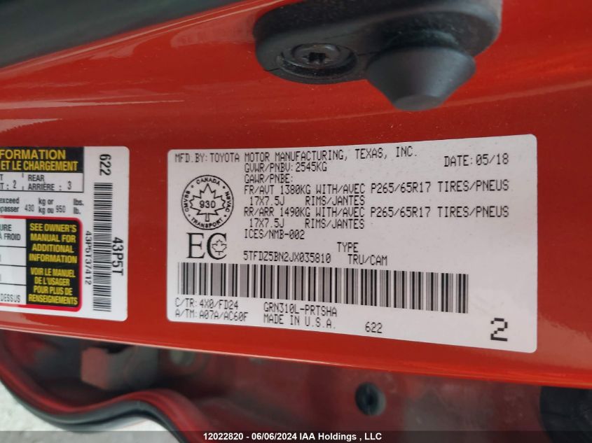 2018 Toyota Tacoma Dbl Cab/Sr5/Trd Sport/Or VIN: 5TFDZ5BN2JX035810 Lot: 12022820
