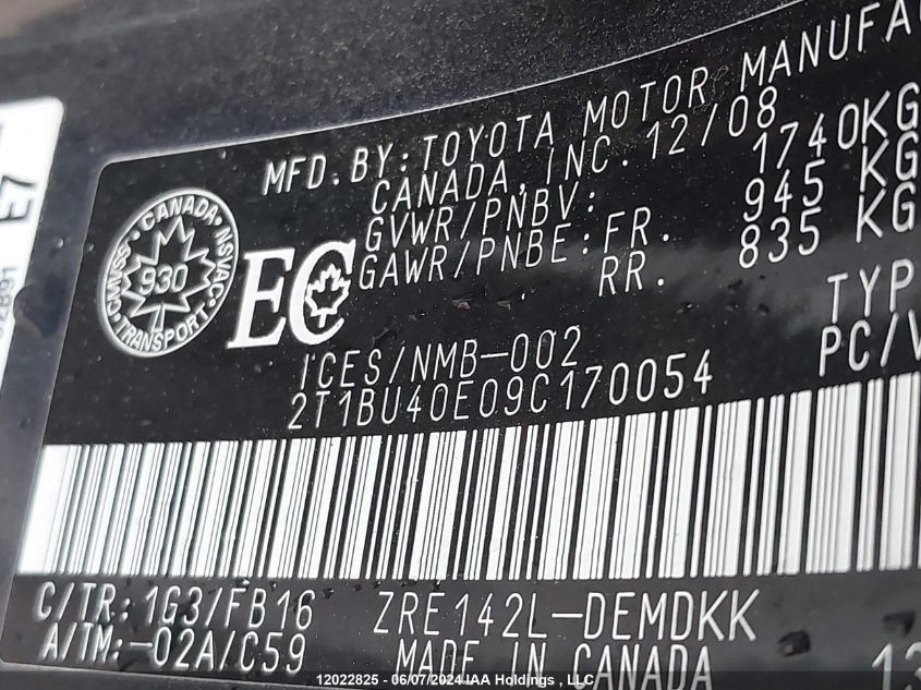 2009 Toyota Corolla Le VIN: 2T1BU40E09C170054 Lot: 12022825