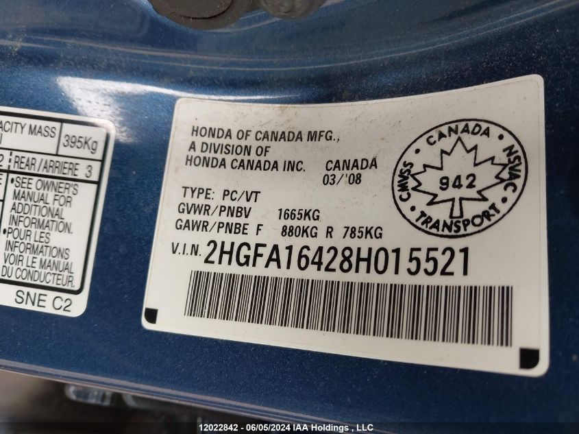 2008 Honda Civic Sdn VIN: 2HGFA16428H015521 Lot: 12022842