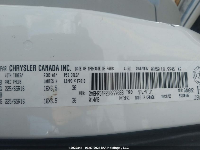 2008 Chrysler Town & Country Touring VIN: 2A8HR54P28R770398 Lot: 12022844