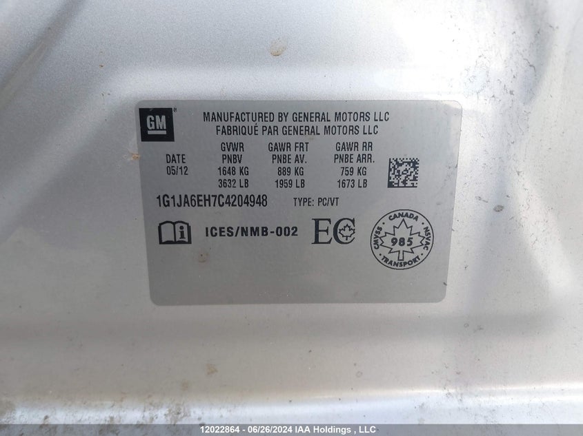 2012 Chevrolet Sonic VIN: 1G1JA6EH7C4204948 Lot: 12022864