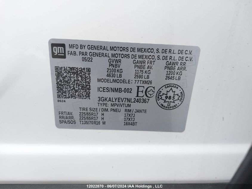 2022 GMC Terrain VIN: 3GKALYEV7NL240367 Lot: 12022870
