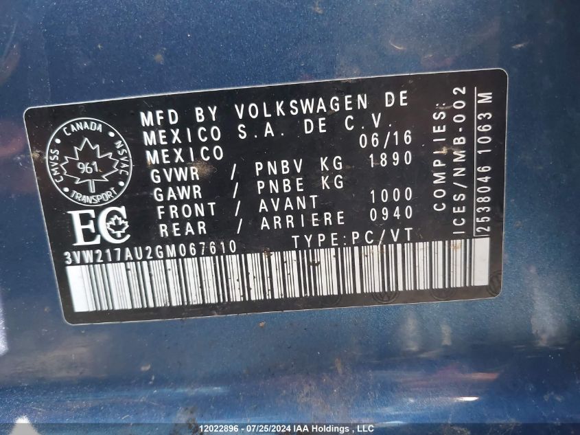 2016 Volkswagen Golf VIN: 3VW217AU2GM067610 Lot: 12022896