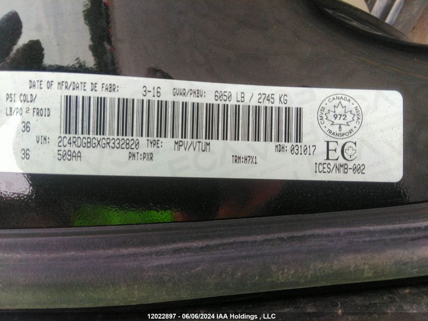 2016 Dodge Grand Caravan Se/Sxt VIN: 2C4RDGBGXGR332820 Lot: 12022897