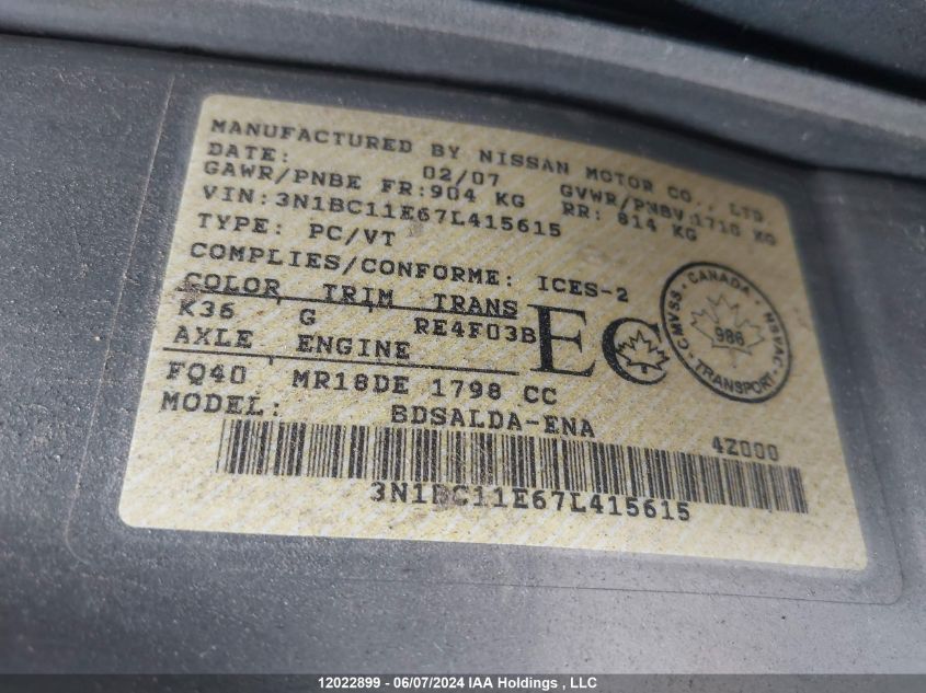 2007 Nissan Versa 1.8S VIN: 3N1BC11E67L415615 Lot: 12022899