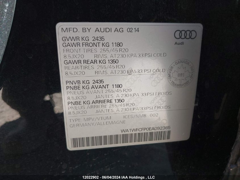 2014 Audi Q5 VIN: WA1WFCFP0EA092365 Lot: 12022902