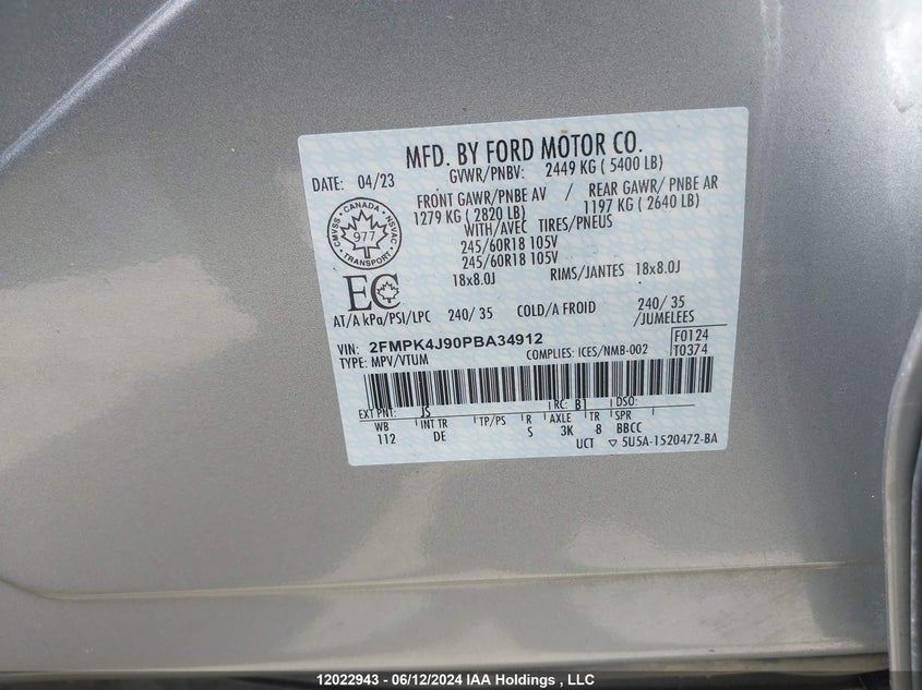 2023 Ford Edge Sel VIN: 2FMPK4J90PBA34912 Lot: 12022943