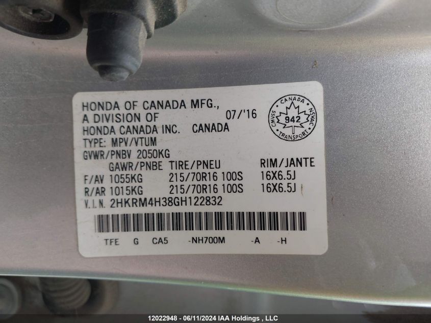 2016 Honda Cr-V Lx VIN: 2HKRM4H38GH122832 Lot: 12022948