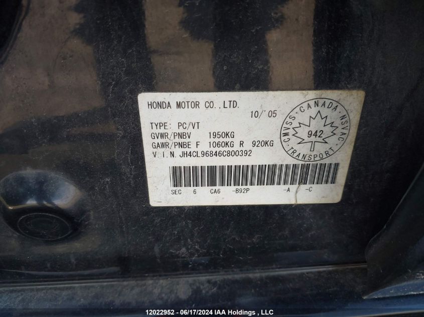 2006 Acura Tsx VIN: JH4CL96846C800392 Lot: 12022952