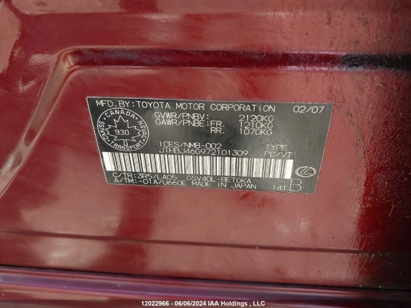 2007 Lexus Es 350 350 VIN: JTHBJ46G972101309 Lot: 12022966