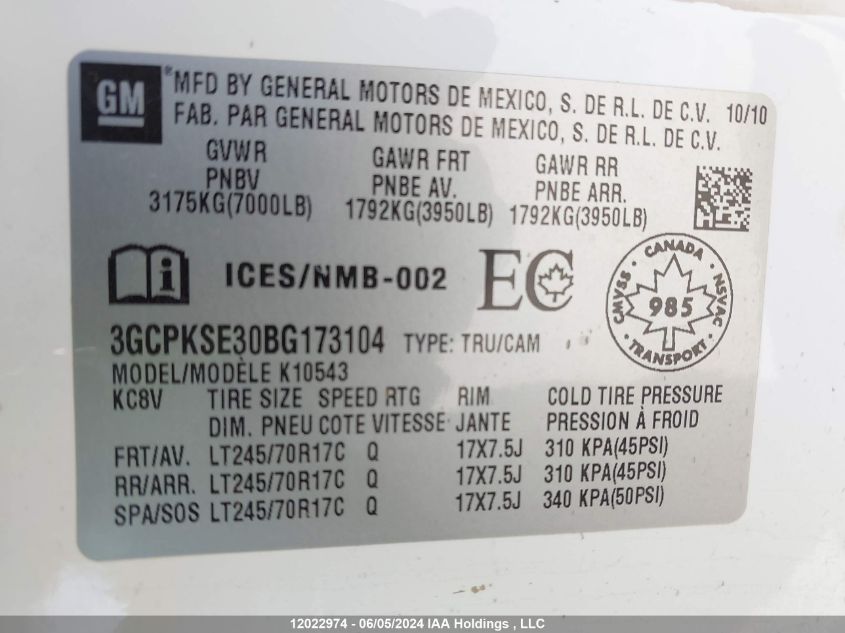 2011 Chevrolet Silverado K1500 Lt VIN: 3GCPKSE30BG173104 Lot: 12022974