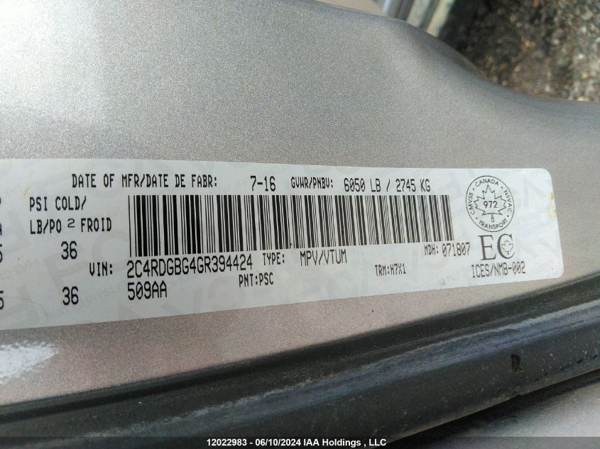 2016 Dodge Grand Caravan Se/Sxt VIN: 2C4RDGBG4GR394424 Lot: 12022983