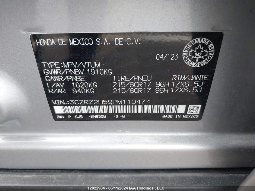 2023 Honda Hr-V VIN: 3CZRZ2H59PM110474 Lot: 12022984