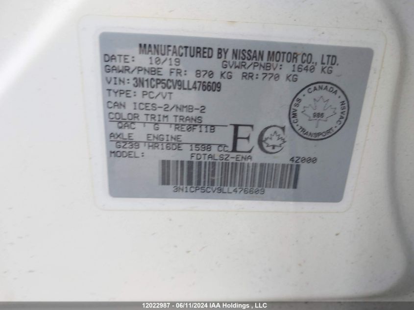 2020 Nissan Kicks VIN: 3N1CP5CV9LL476609 Lot: 12022987