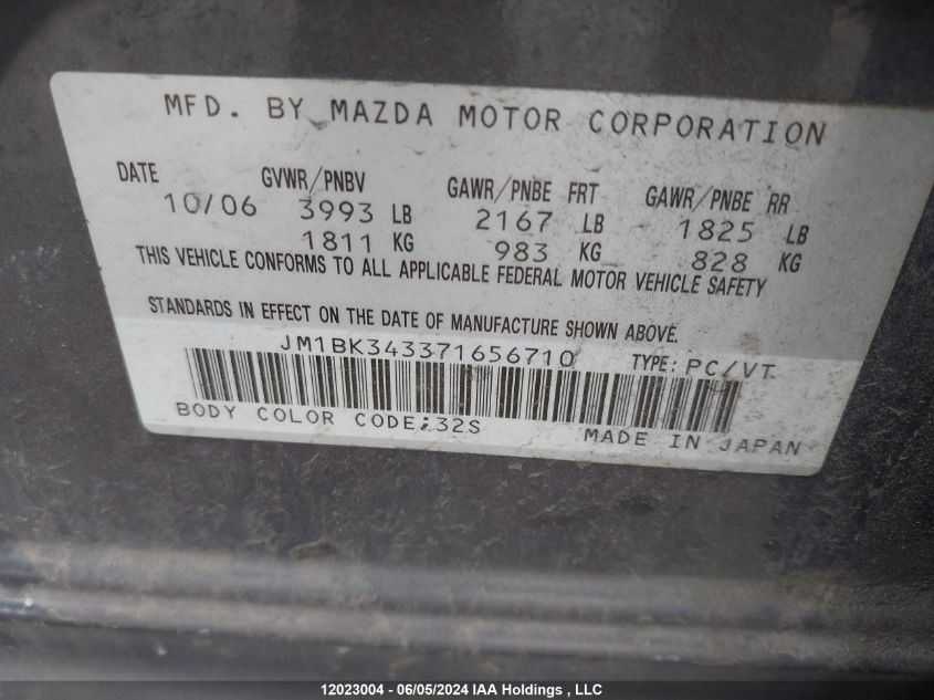 2007 Mazda Mazda3 VIN: JM1BK343371656710 Lot: 12023004