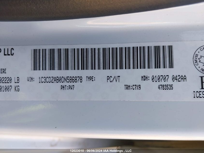 2013 Dodge Avenger Se VIN: 1C3CDZAB0DN586878 Lot: 12023010