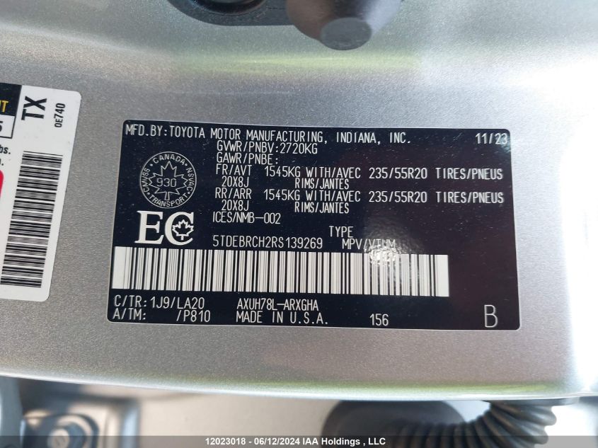 2024 Toyota Highlander Hybrid Limited/Hybrid Platinum VIN: 5TDEBRCH2RS139269 Lot: 12023018