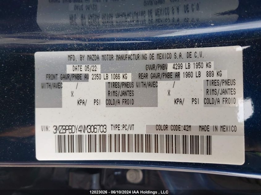 2022 Mazda 3 Gt VIN: 3MZBPBDY4NM306703 Lot: 12023026