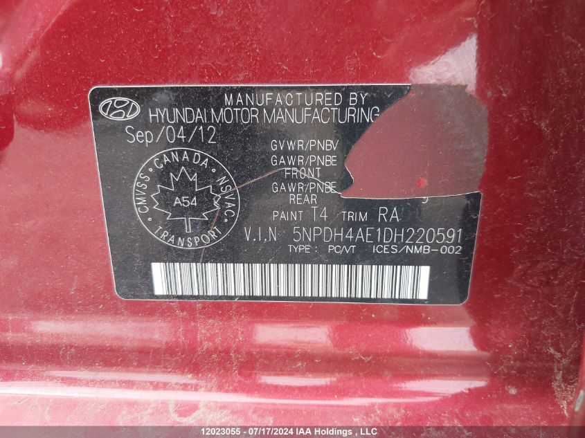 2013 Hyundai Elantra Gl VIN: 5NPDH4AE1DH220591 Lot: 12023055