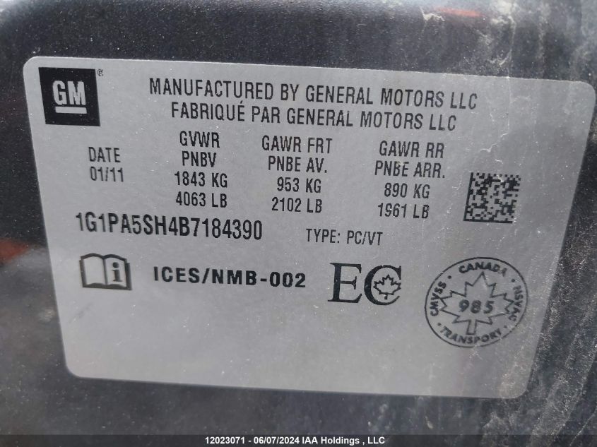 2011 Chevrolet Cruze VIN: 1G1PA5SH4B7184390 Lot: 12023071