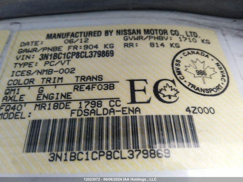 2012 Nissan Versa S/Sl VIN: 3N1BC1CP8CL379869 Lot: 12023072