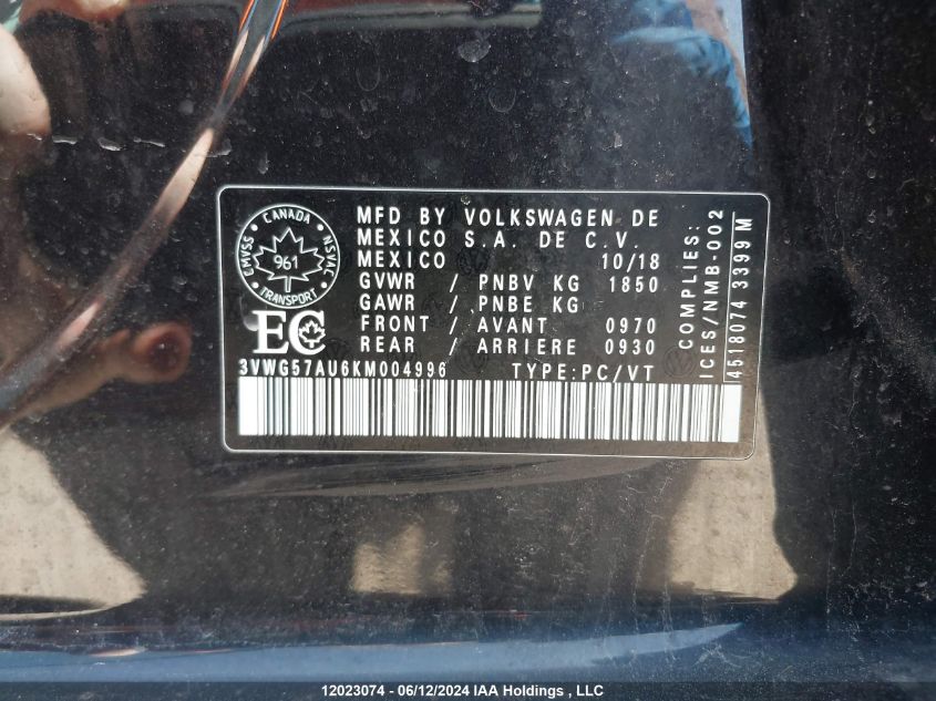 2019 Volkswagen Golf VIN: 3VWG57AU6KM004996 Lot: 12023074