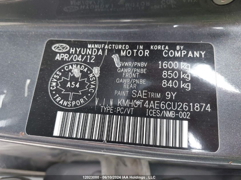 2012 Hyundai Accent Gls/Gs VIN: KMHCT4AE6CU261874 Lot: 12023080