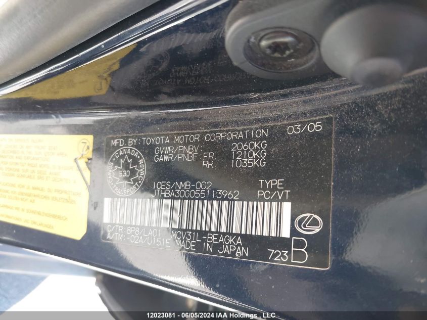 2005 Lexus Es 330 VIN: JTHBA30G055113962 Lot: 12023081