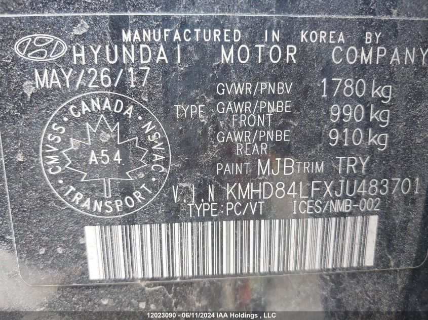 2018 Hyundai Elantra Gls VIN: KMHD84LFXJU483701 Lot: 12023090