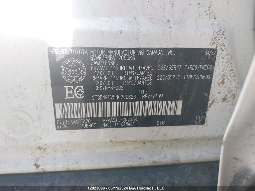 2022 Toyota Rav4 Le VIN: 2T3B1RFV5NC280628 Lot: 12023098