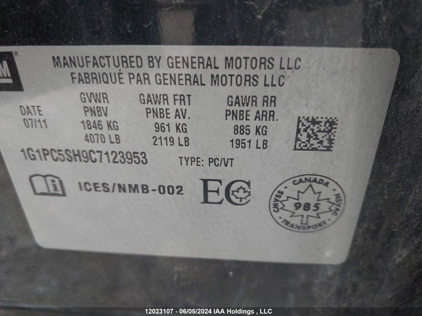 2012 Chevrolet Cruze VIN: 1G1PC5SH9C7123953 Lot: 12023107