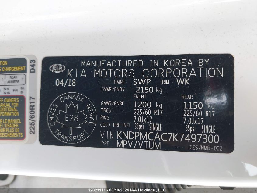 2019 Kia Sportage Lx VIN: KNDPMCAC7K7497300 Lot: 12023111