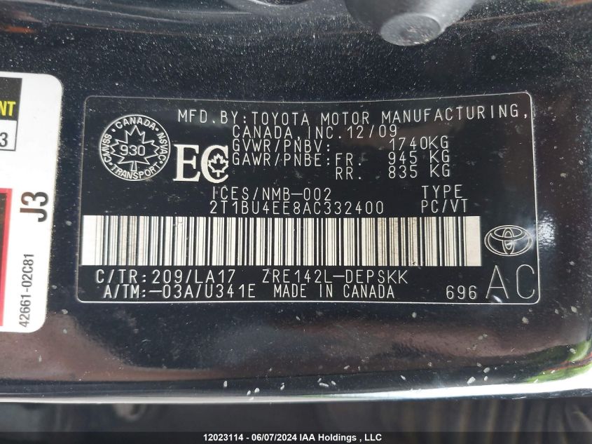 2010 Toyota Corolla S VIN: 2T1BU4EE8AC332400 Lot: 12023114