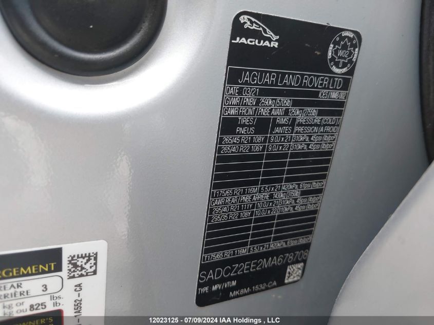 2021 Jaguar F-Type Svr VIN: SADCZ2EE2MA678708 Lot: 12023125