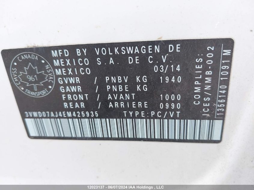 2014 Volkswagen Jetta VIN: 3VWD07AJ4EM425935 Lot: 12023137