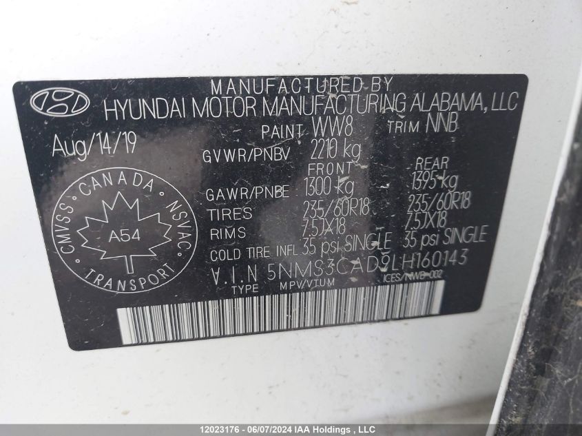 2020 Hyundai Santa Fe Preferred Awd VIN: 5NMS3CAD9LH160143 Lot: 12023176