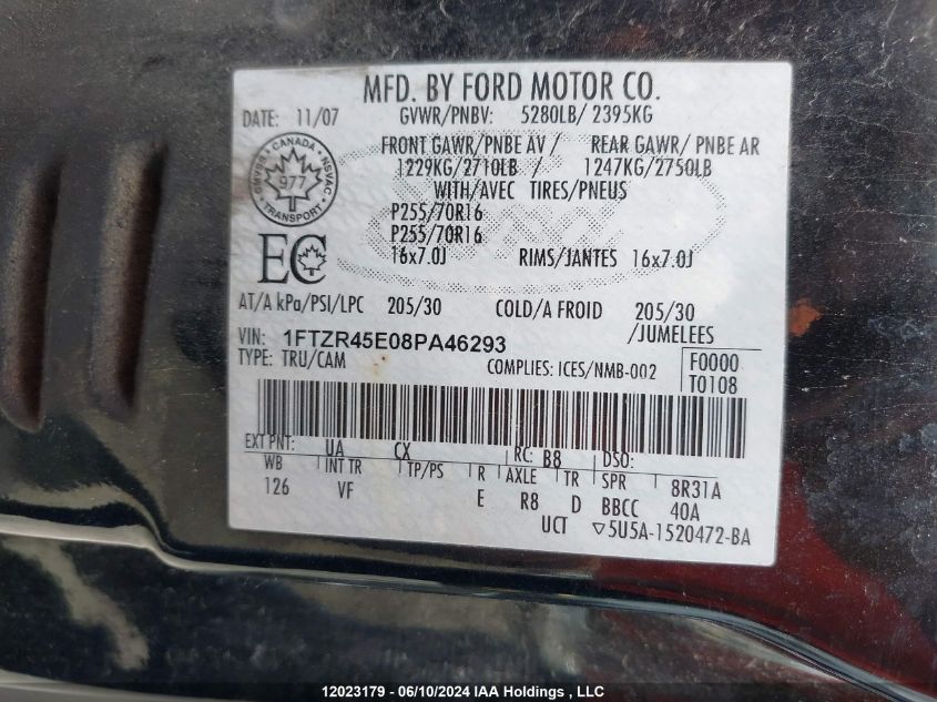 2008 Ford Ranger VIN: 1FTZR45E08PA46293 Lot: 12023179