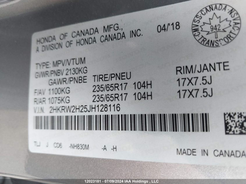 2018 Honda Cr-V VIN: 2HKRW2H25JH128116 Lot: 12023181