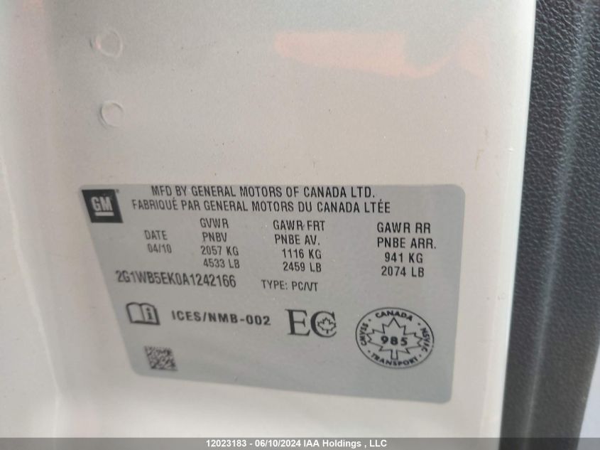 2010 Chevrolet Impala VIN: 2G1WB5EK0A1242166 Lot: 12023183