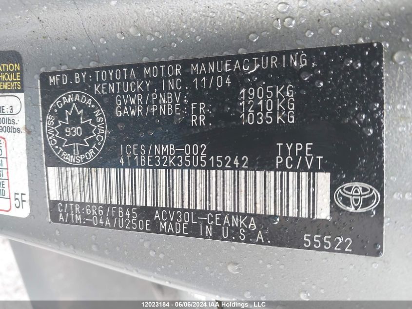 2005 Toyota Camry Le/Xle/Se VIN: 4T1BE32K35U515242 Lot: 12023184