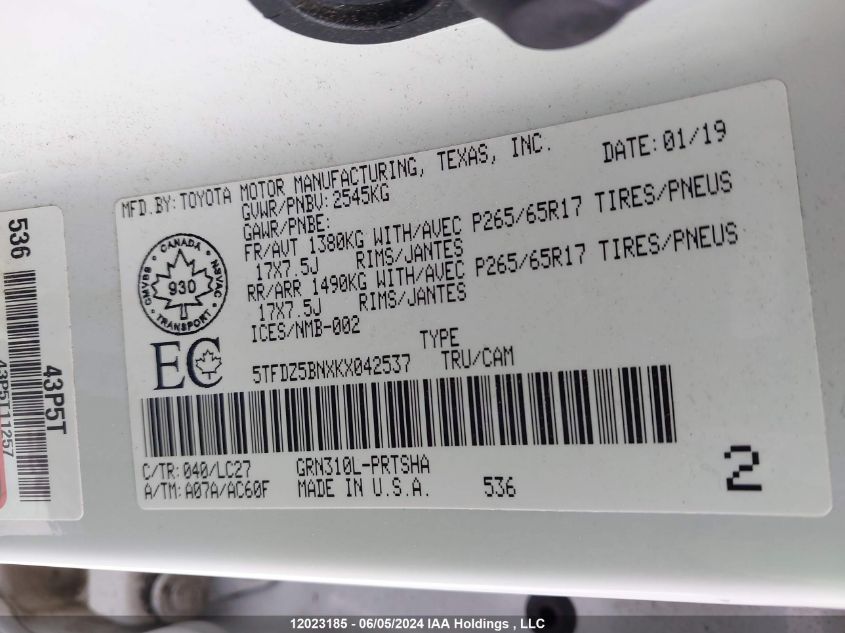 2019 Toyota Tacoma Double Cab/Sr5/Trd Sport/Trd Off Road VIN: 5TFDZ5BNXKX042537 Lot: 12023185