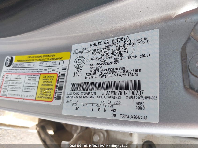 2013 Ford Fusion Se VIN: 3FA6P0H78DR100737 Lot: 12023197