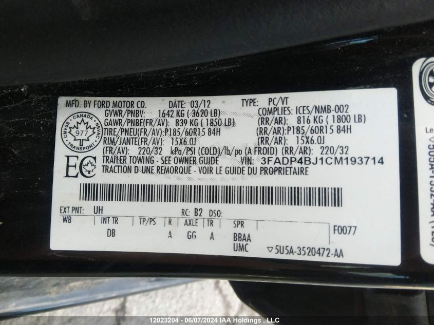 2012 Ford Fiesta VIN: 3FADP4BJ1CM193714 Lot: 12023204